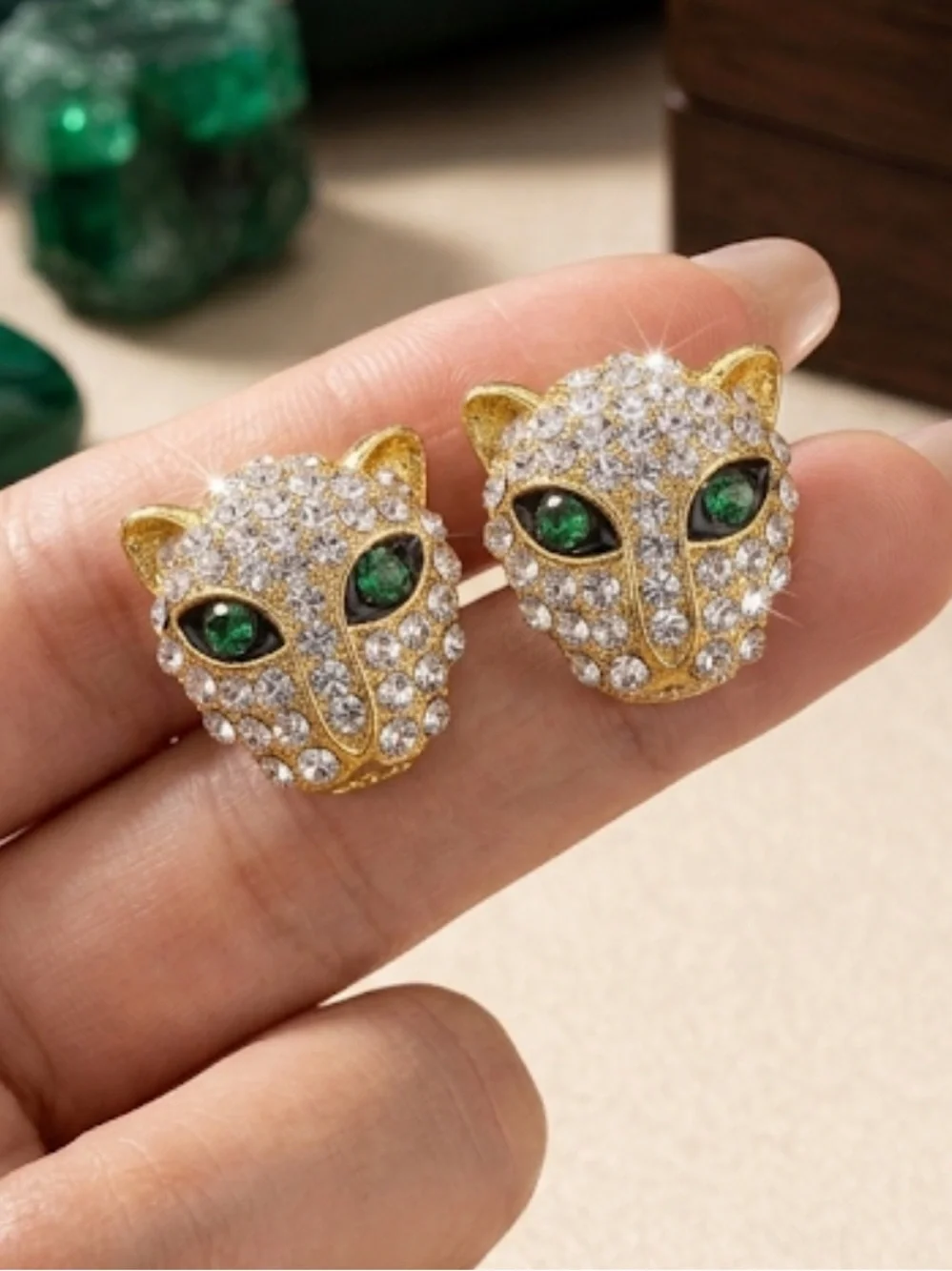 NWT Gold Leopard Panther Head Pave Crystal Earrings Green Rhinestone Eyes